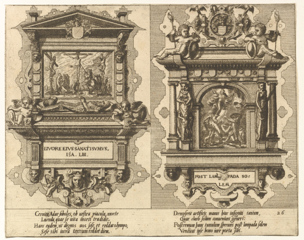 Ein Blatt mit einer Zeichnung von zwei detaillierten Skulpturen an einer Wand, begleitet von wahrscheinlich beschreibendem Text.