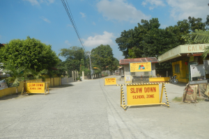 Eine Straße mit einem gelben "Slow Down School Zone"-Schild, parkende Fahrzeuge auf der rechten Seite und ein Hintergrund aus Bäumen, Gebäuden, Polen, Drähten und Himmel.