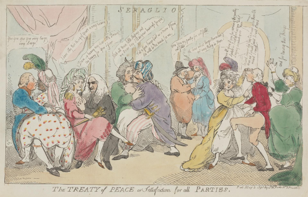 Eine handgezeichnete Skizze auf Papier zeigt eine gemischte Gruppe von sitzenden und stehenden Menschen mit dem Text "Der Friedensvertrag für alle Parteien" darunter.