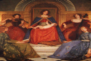 Fünf Personen sitzen, wobei zwei auf der linken und rechten Seite Geige spielen.