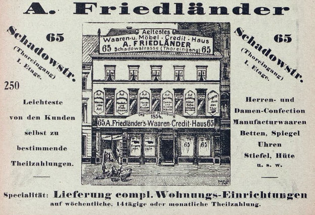 Schwarze-weiße Anzeige für einen Friedländer-Laden in Deutschland, der ein Gebäude mit Text auf der Fassade zeigt.