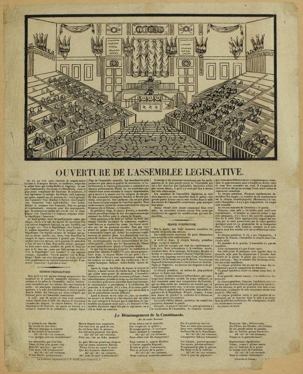 Schwarz-weiß-Zeichnung eines Sitzungssaals mit sitzenden Personen und begleitendem Text aus einer alten Zeitung.
