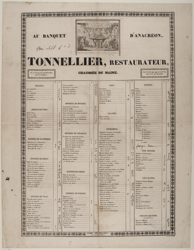 Ein altes Buch mit einer Restaurant Speisekarte, das Text und ein Bild enthält, das die Angebote des Restaurants detailliert.