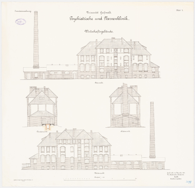 Eine Zeichnung eines mehrfenstrigen Gebäudes mit einem Schornstein, das als psychiatrische Klinik in Deutschland identifiziert wurde, begleitet von handgeschriebenem Text auf demselben Papier.