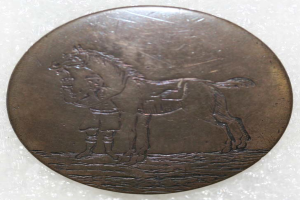 Eine Bronzemedaille mit einer detaillierten Gravur eines Pferdes und Reiters vor einem weißen Hintergrund.