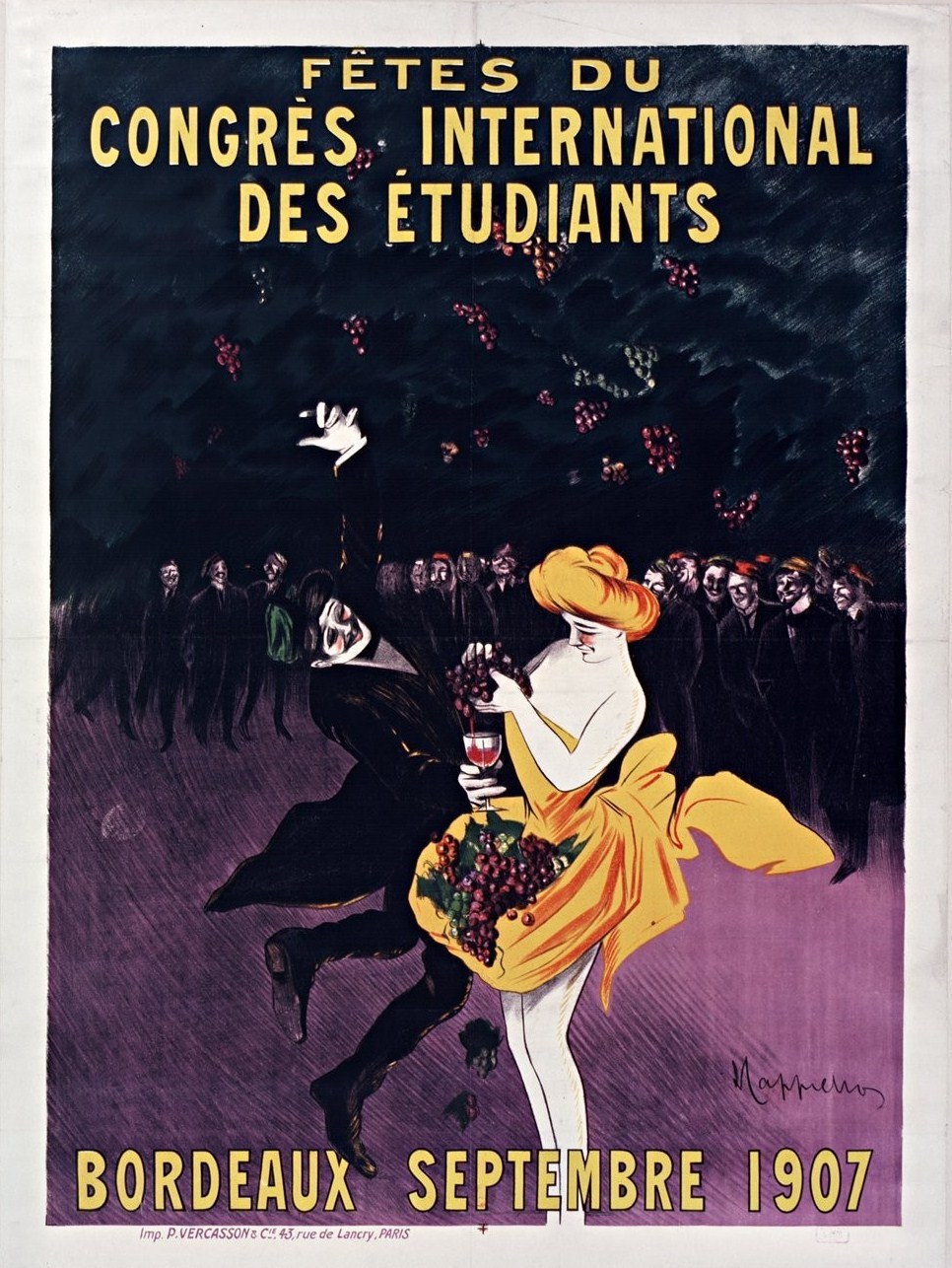 Plakat aus dem Jahr 1907, das ein Weinprobevent in Bordeaux, Frankreich ankündigt, mit einer Frau in einem gelben Kleid, die ein Weinglas hält, umgeben von einer Gruppe von Menschen.