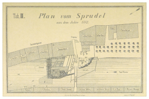 Ein Plakat mit einem detaillierten Stadtplan von Spruidel, Deutschland, begleitet von beschreibendem Text.