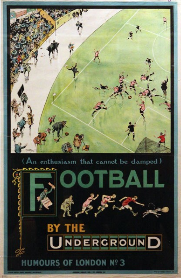Ein Vintage-Plakat, das ein Fußballspiel mit dem Titel "Football by the Underground - Humours of London No. 3" ankündigt.
