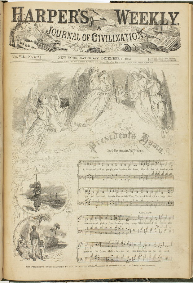 Offenes Buch mit der Aufschrift "Harper's Weekly Journal of Civilization", das eine Gruppenillustration verschiedener Menschen zeigt.