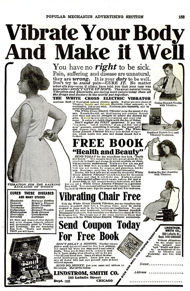 Plakatwerbung für ein Frauen-Körperpflegeprodukt, das eine Frau in einem weißen Kleid mit einem gemusterten Schultertuch zeigt, die Arme verschränkt und den Kopf hocherhoben, mit fetter schwarzer Schrift, die lautet "Vibrate Your Body and Make It Well."