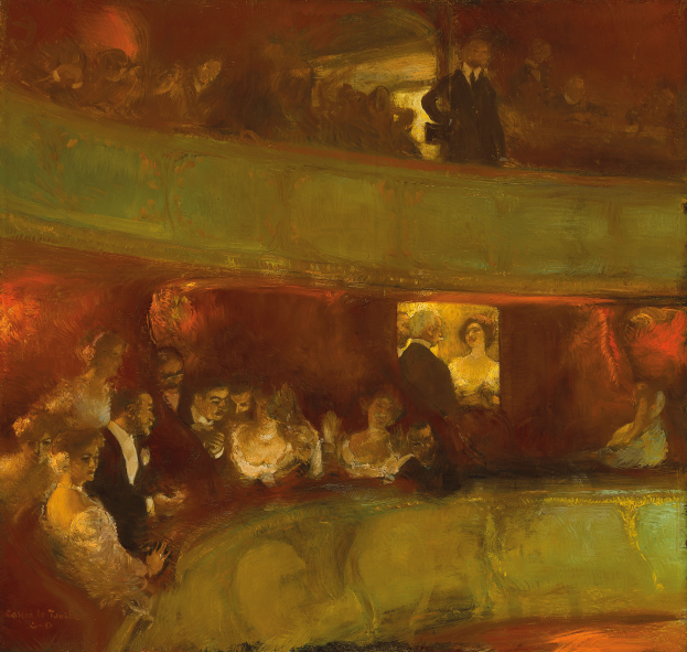 Ein Gemälde einer vielseitigen Gruppe von Menschen in einem hell erleuchteten Theater, einige stehen, einige sitzen, alle in feiner Kleidung, die eine lebendige und einladende Atmosphäre schaffen.