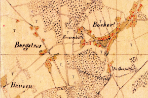 Ein altes Stadtplan von Bergstras, Deutschland, mit Text und Zahlen, die die Schlacht von Bockert markieren.