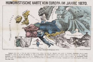 Plakat mit der Bezeichnung "Humoristische Karte von Europa im Jahre 1870" mit einer zentralen Karte von Europa umgeben von Cartoon-Illustrationen und Text.
