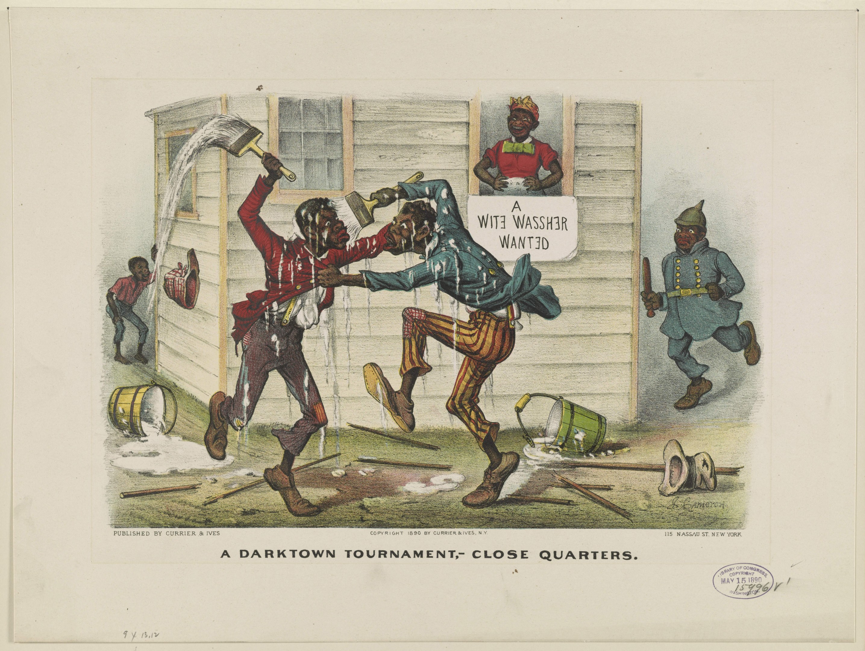 Ein Plakat für ein Darktown-Turnier, das Menschen mit Eimern, Stöcken und anderen Gegenständen zeigt, die auf dem Boden verstreut sind, begleitet von Text.