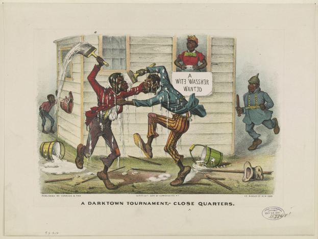 Ein Plakat für ein Darktown-Turnier, das Menschen mit Eimern, Stöcken und anderen Gegenständen zeigt, die auf dem Boden verstreut sind, begleitet von Text.
