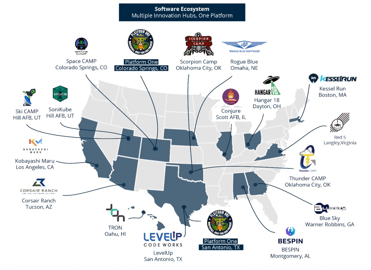 Eine Karte der Vereinigten Staaten mit Logos von Unternehmen, die die Standorte des Software-Ökosystems markieren, und begleitendem Text.