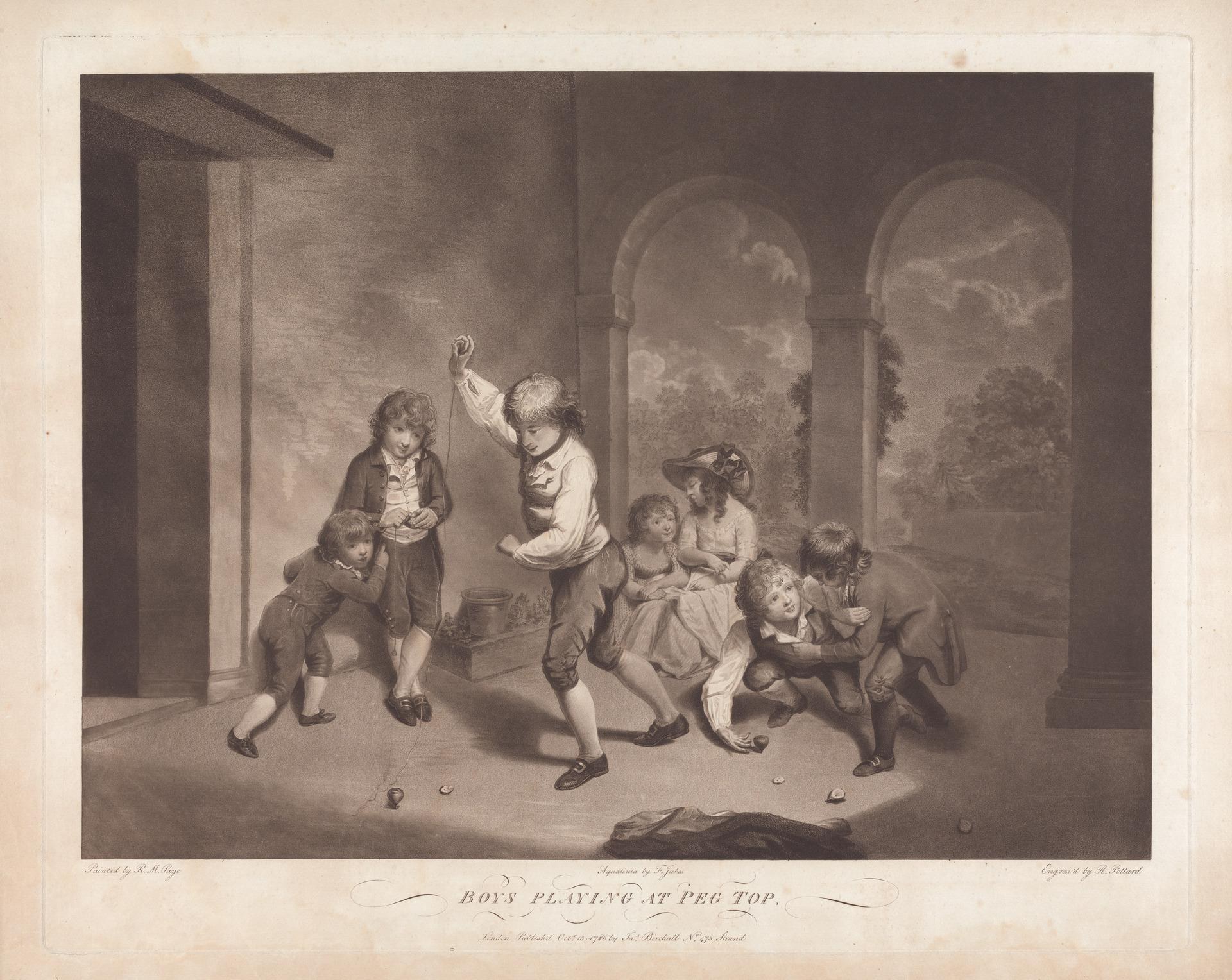 Jungen spielen mit Steckspielen in einer Outdoor-Umgebung mit Bäumen und einem bewölkten Himmel, beschriftet "Jungen beim Steckspiel" unten.