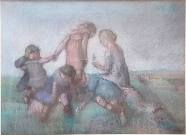 Malerei von Kindern, die auf einem Feld spielen, gerahmt, mit hellen, fröhlichen Farben und spielerischen Ausdrucksweisen.