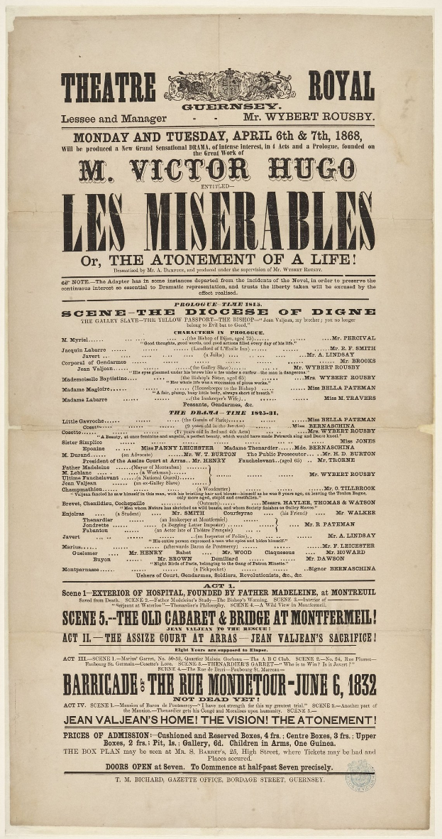Schwarz-weiß-Anzeige in einer Zeitung für das Theatre Royal, London, wahrscheinlich beworben das Musical Les Misérables.