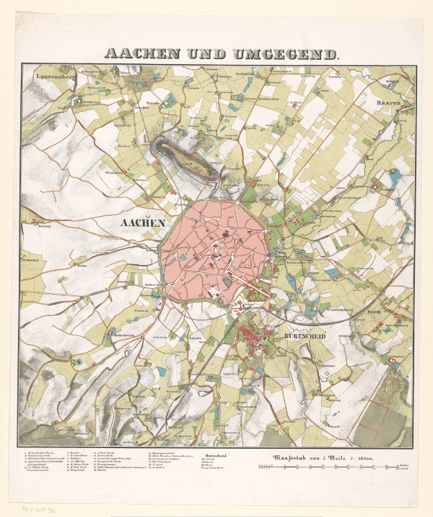 Detailiertes altes Stadtplan von Aachen, Deutschland, mit Text oben und unten, der Straßen, Gebäude und Sehenswürdigkeiten zeigt.