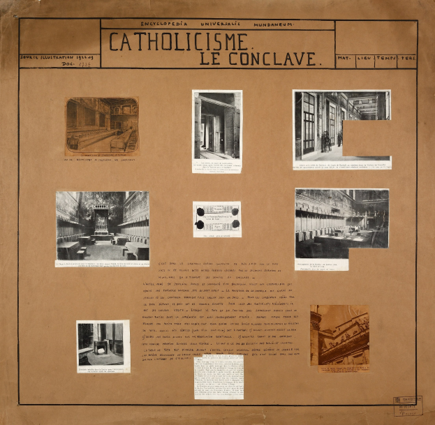 Ein Buch mit Bildern verschiedener Räume, Flure und Artefakte innerhalb der katholischen Kirche, begleitet von Texten zur Geschichte und Bedeutung der Kirche.