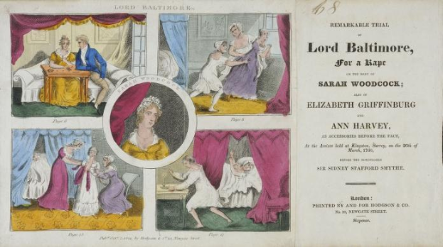 Eine historische Illustration eines Prozessdokuments, das ein Blatt Papier mit Porträts, Vorhängen und Text zeigt, der sich auf einen Vergewaltigungsprozess gegen Sarah Woodcock und Elizabeth Griffinburg bezieht.