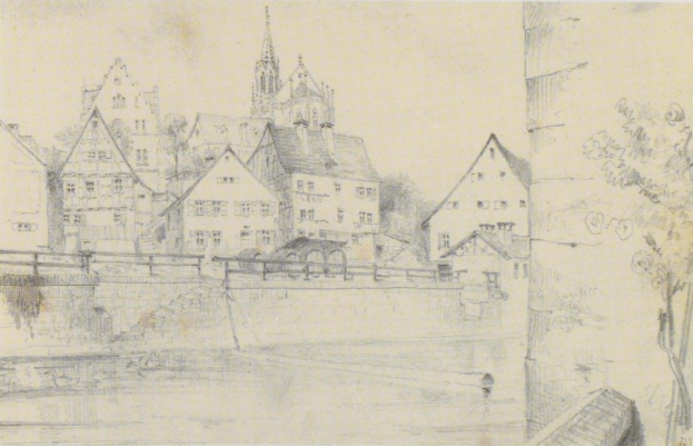 Kohlezeichnung betitelt "Nürnberg, Deutschland" von Joseph Mallord William Turner, die eine Stadtansicht mit einem Fluss, Gebäuden, Bäumen und einer Brücke zeigt.