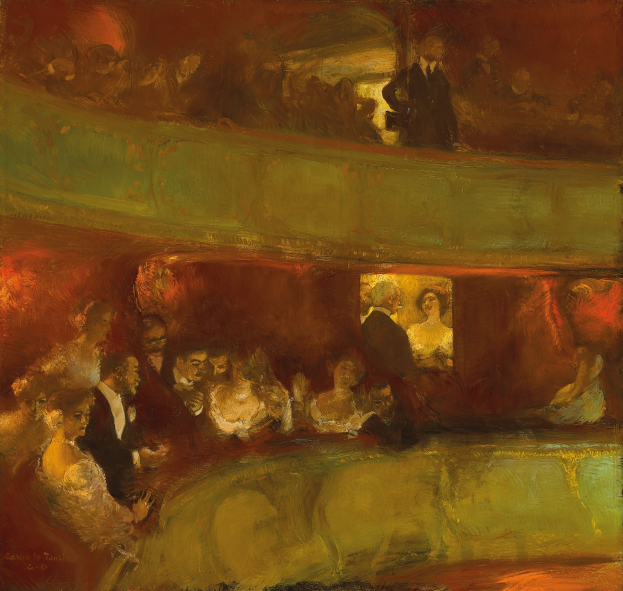 Gemälde einer lebendigen TheaterSzene mit einer vielfältigen Gruppe von formell gekleideten Menschen, die in einem hell erleuchteten Raum mit neutralfarbenen Wänden stehen und sitzen.