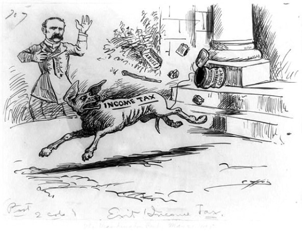 Zeichnung eines Mannes, der vor einem Hund wegrennt, der mit 'Einkommensteuer' beschriftet ist, mit verstreuten Gegenständen im Hintergrund.