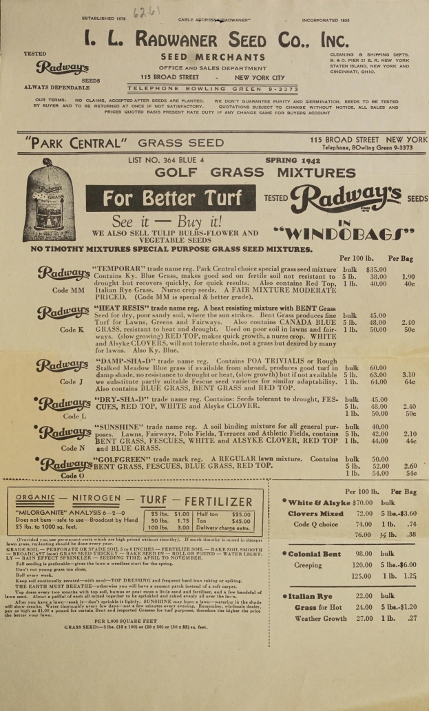 Alte Werbung für Radway's Seed Co. Inc. auf vergilbten Papier mit Text über die Dienstleistungen des Unternehmens.
