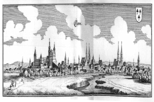 Eine Schwarz-Weiß-Zeichnung einer Stadt mit einem Schloss im Hintergrund, umgeben von Bäumen, Wasser und Wolken am Himmel, mit dem Text "Köln, Deutschland" unten.