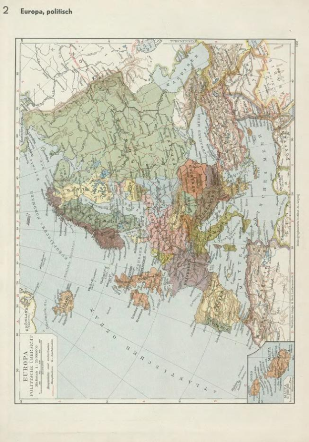 Eine Karte von Europa aus dem 19. Jahrhundert, die die politischen Grenzen der Europäischen Union zeigt, gedruckt auf altem Papier mit Text oben und unten.