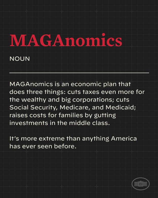 Plakat mit fettem schwarzem Text auf einem weißen Hintergrund, der von einem schmalen schwarzen Rand eingerahmt wird und "Maganomics: Ein Wirtschaftsplan, der drei Dinge tut - Steuern für Wohlhabende und große Unternehmen weiter senkt." lautet.