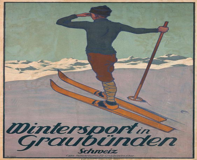 Eine Person auf Skiern mit einem Stock in der Hand vor schneebedeckten Bergen auf einem Plakat, das einen Wintersport in Graubünden, der Schweiz, bewirbt, mit Text, der Informationen über den Sport enthält.