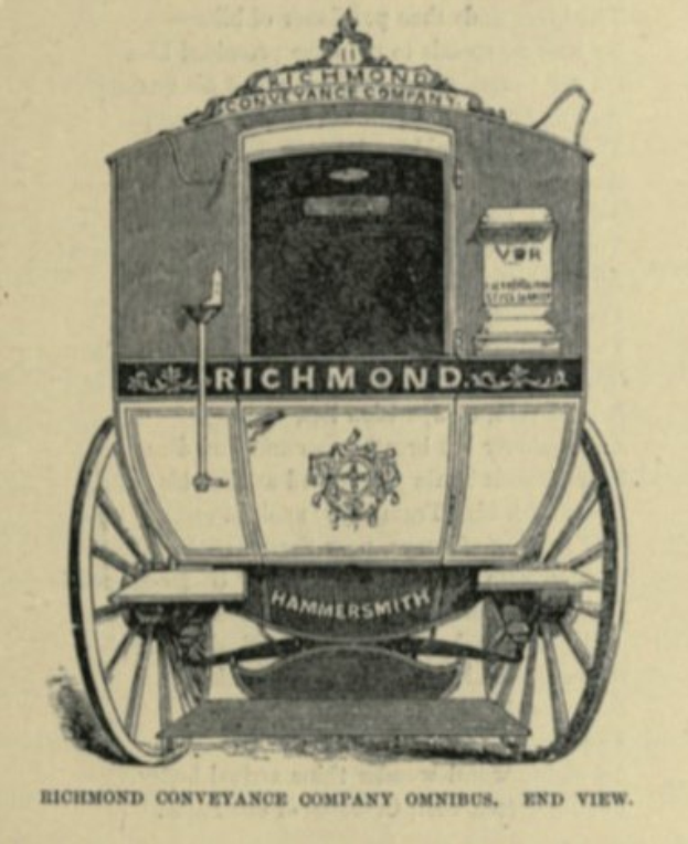 Schwarze und weiße Zeichnung einer von einem Pferd gezogenen Kutsche mit der Aufschrift "Richmond Conveyance Company Omnibus" und vier Rädern, die zum Transport von Waren verwendet wird.