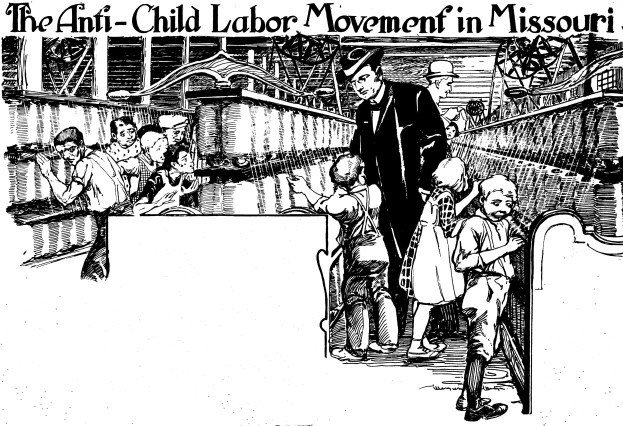 Plakat mit der Aufschrift "Die Anti-Kinderarbeit-Bewegung in Missouri" zeigt eine Gruppe von Menschen in traditioneller Kleidung, einige stehen und einige sitzen, mit Gesichtsausdrücken der Furcht und Verzweiflung.