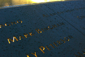 Das Vietnam-Veteranen-Denkmal in Washington, DC, zeigt eine reflektierende schwarze Granitwand mit den Namen der Opfer des Vietnamkriegs, umgeben von einem flachen Wasserbecken.