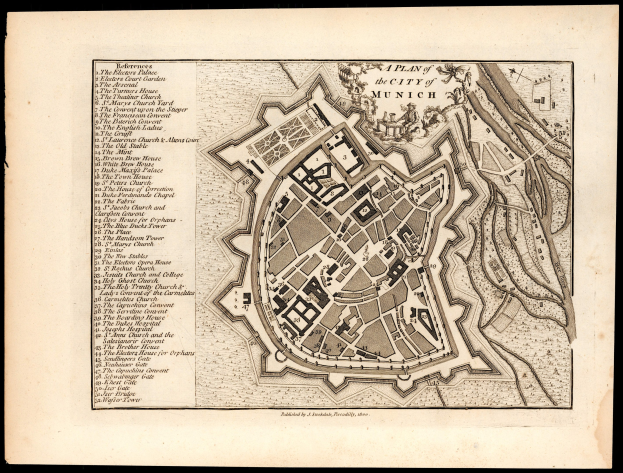 Alte detaillierte Karte von München, Deutschland, auf schwarzem Hintergrund mit Straßennamen und Markierungsbezeichnungen.
