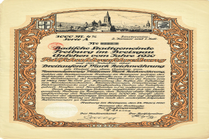 Ein altes deutsches Aktienzertifikat mit einer Stadtansicht-Illustration und bedrucktem Text, der die Herkunft der Aktie beschreibt.