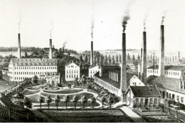 Schwarz-weiß-Zeichnung einer Fabrik mit rauchenden Schornsteinen, umgeben von Gebäuden, Grünflächen und einem Zaun, beschriftet mit "New York State Penitentiary" unten.