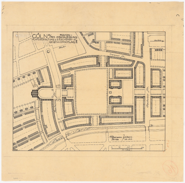 Alte Karte von Köln, Deutschland, die einen detaillierten Gebäudelayout mit handgeschriebenen Textanmerkungen zeigt.