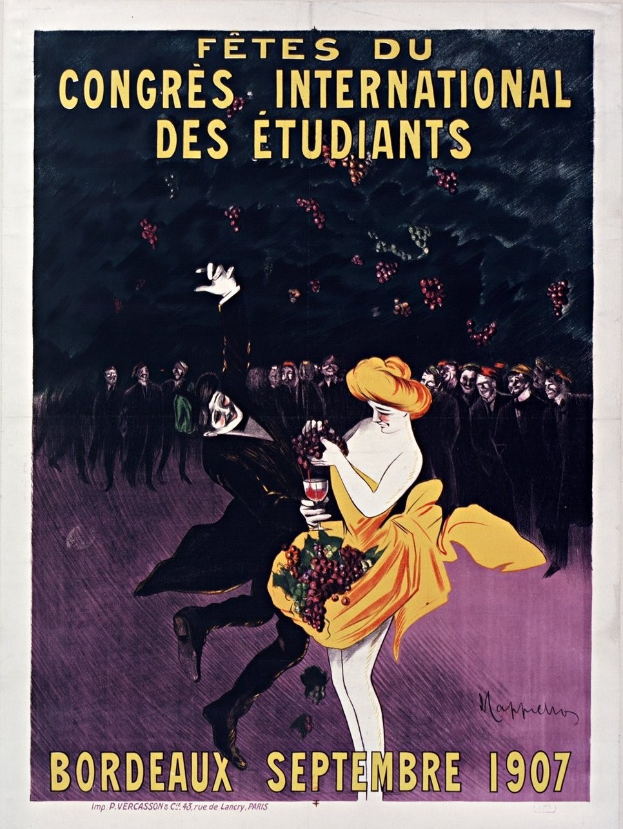 Plakat aus dem Jahr 1907, das ein Weinprobe-Event in Bordeaux, Frankreich, ankündigt, mit einer Frau in einem gelben Kleid, die ein Weinglas hält und von einer Gruppe Menschen umgeben ist.