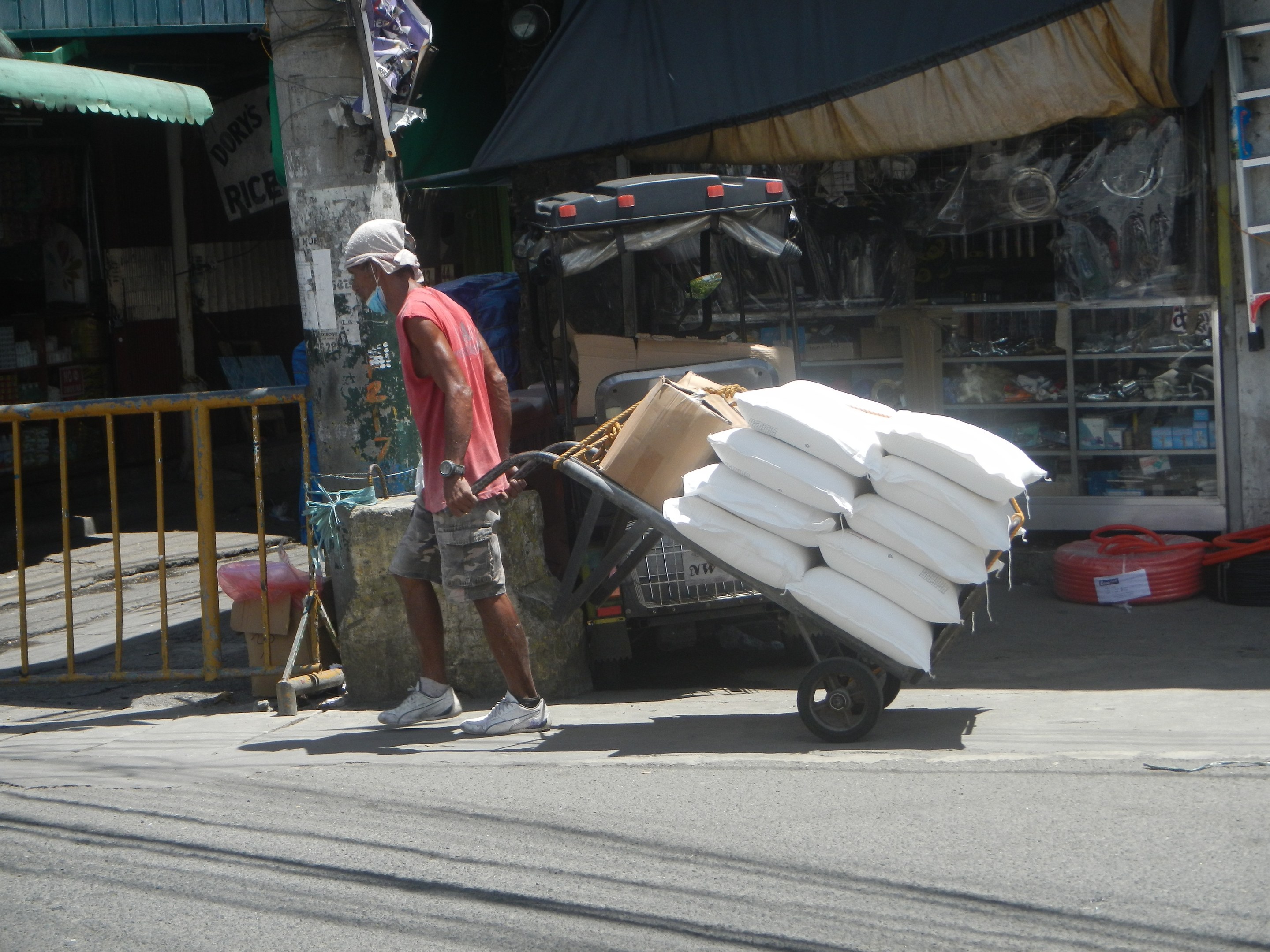 Ein Mann in rotem T-Shirt, Shorts, Schuhen und einer Kappe schiebt einen mit Taschen beladenen Einkaufswagen eine Straße mit Geschäften und einem Baum entlang.