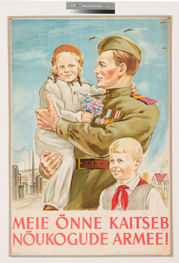 Polnischer Weltkriegs-Propagandaplakat, das einen Mann mit einem Kind und zwei weiteren Kindern zeigt.