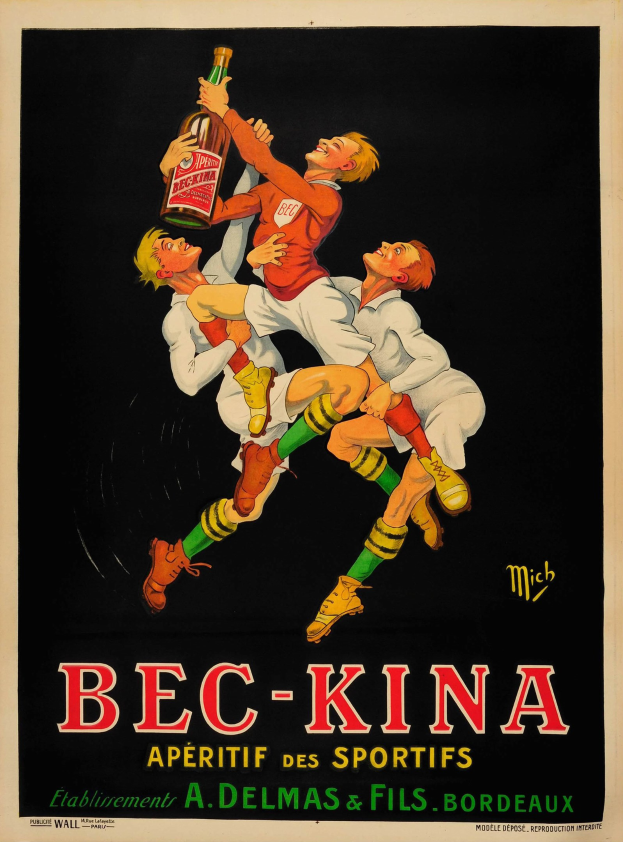 Ein Plakat, das Bec-Kina Aperitif des Sportifs bewirbt, zeigt drei Personen mit einer Flasche der Marke und Text, der das Produkt und seine Vorteile beschreibt.