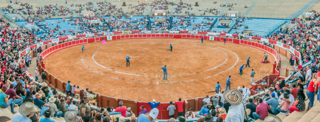 Eine große Menschenmenge schaut bei einer Stierkampfveranstaltung in einem Stadion zu, wobei einige Menschen stehen, sitzen oder Gegenstände halten und eine Person unten einen Hut trägt.