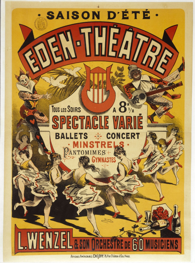 Plakat für das Eden Theatre in Paris mit einer fröhlichen Gruppe tanzender Menschen in einem Kreis, darüber in fetter Schrift 'Eden Theatre' und einem leuchtend gelben Hintergrund.