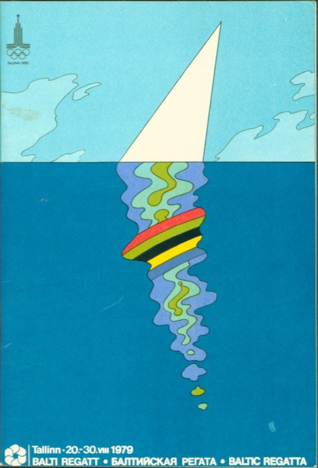 Plakat für die Baltic Regatta 1979 mit einem leuchtend blauen und gelben Boot mit weißer Segel auf hellblauem Wasser, weißer Schrift 'Baltic Regatta 1979' und einem Logo aus einem weißen Kreis mit blauer Umrandung und gelbem Stern.