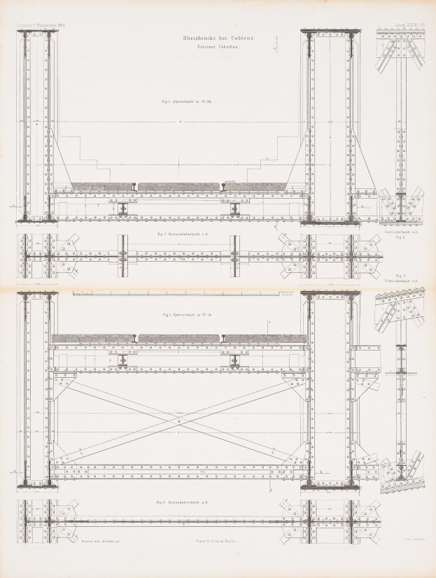 Ausführliches Konstruktionsplan-Zeichnung einer Brücke mit beschrifteten Bauteilen, einschließlich Träger und Seile, aus einem Buch.