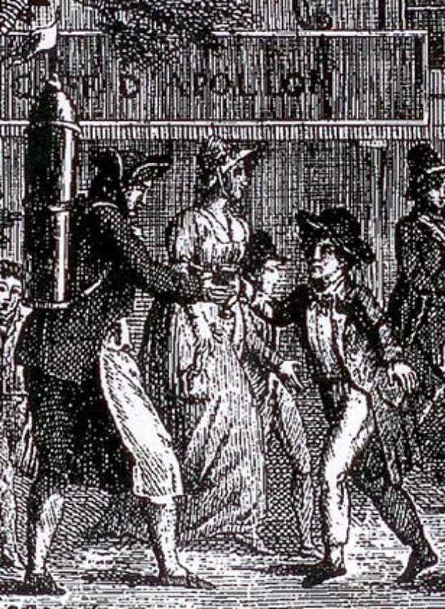 Schwarz-weiß-Zeichnung einer Gruppe verzweifelter Menschen, die eine Straße entlanglaufen, vorbei an einem Gebäude, mit der Beschriftung "Victorianische Unruhen in London" unten.
